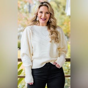 Pearl detailed/embellished balloon sleeve sweater